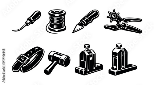 Black and white leatherworking tools collection vector silhouette set for craft designs