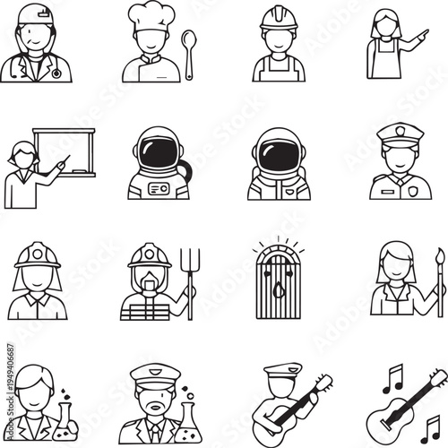 Collection of 15 black and white line drawings of various occupations