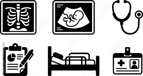 Black and white vector icons of medical xray ultrasound stethoscope clipboard hospital bed and id badge set