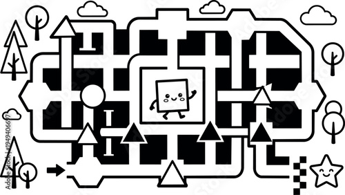 Monochrome flat design labyrinth maze with smiling square character walking and happy star finish line surrounded by trees clouds and arrows