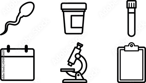 Minimalist black line art icons of sperm sample container microscope clipboard and calendar for medical lab analysis