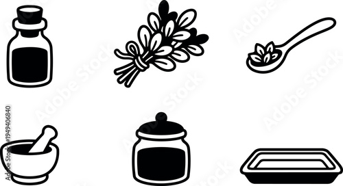 Simple black and white vector icons featuring spice bottle herb bundle spoon seeds mortar pestle jar and tray set