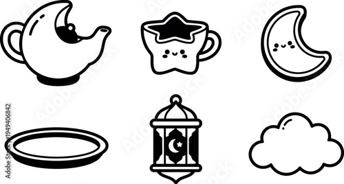 Cute black and white vector icons including teapot with crescent moon star cup half moon cloud lantern and plate set