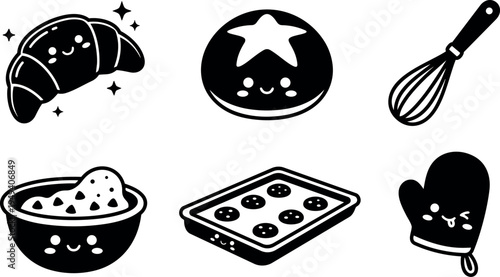 Cute kawaii style smiling croissant bread cookie dough bowl baking tray and oven mitt black and white vector art
