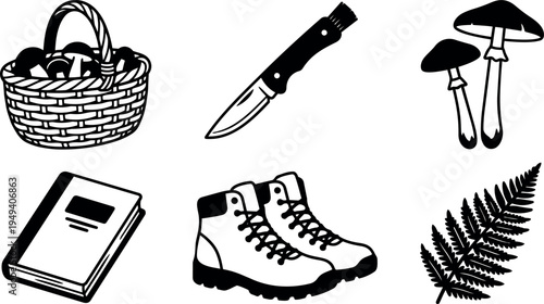 Black and white silhouette vector icons of hiking boots basket with mushrooms knife book and fern leaf isolated on white background