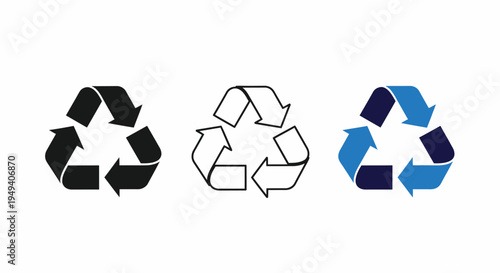 Recycling Symbols Black Blue Outline Solid Vector Icons Isolated on White Background