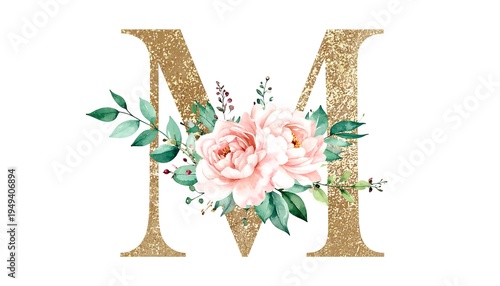 Gold letter M adorned with pastel pink blooms & green leaves against a white background
