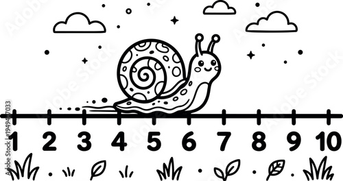 Cute smiling snail crawling on numbered ruler with clouds stars leaves and grass in simple black line art vector