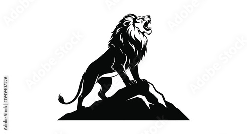 A majestic lion stands proudly atop a rocky hill roaring with power and strength a striking silhouette high quality professional