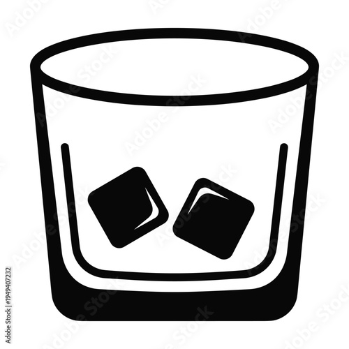 Whiskey glass icon with ice cubes, simple black and white illustration