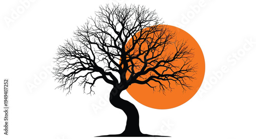 A stark black tree with intricate branches stands before a vibrant orange sun creating a dramatic silhouette high quality professional detailed