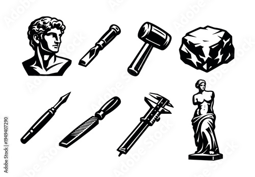 Classical sculpture tools and elements illustration silhouette set in black and white
