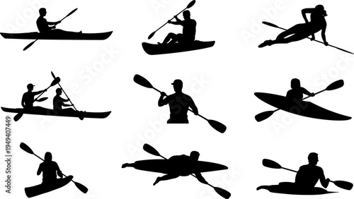 Kayaking and canoe paddling silhouette set, water sport athlete poses collection, river adventure activity figures isolated flat vector illustration