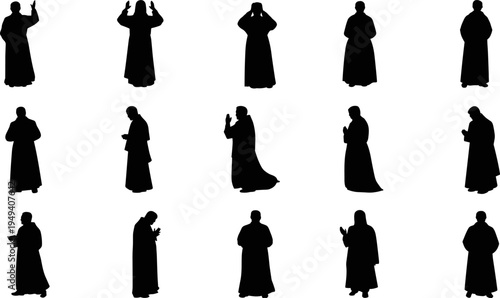 Priest and monk praying silhouette set, religious worship poses collection, Christian clergy prayer figures isolated flat vector illustration