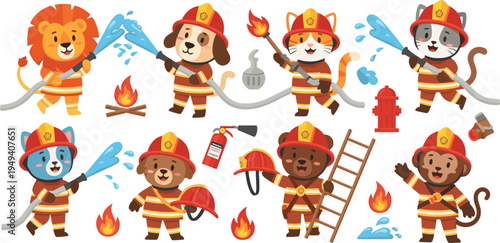 Set of cute animal firefighter characters, cartoon illustrations of brave lion, dog, cat and monkey in fireman uniform with water hose, firefighting concept isolated on white