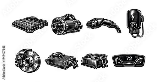 Set of black and white automotive parts illustrations including engine and electric components