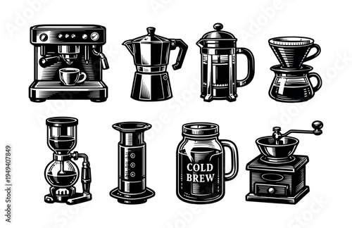 Vintage coffee maker collection illustration with coffee brewing tools in black and white vector style