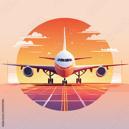 Airplane at sunset colorful illustration of aviation and travel