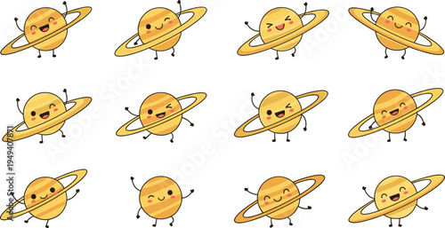 Set of cute cartoon Saturn planet characters, funny celestial bodies with rings and happy faces, solar system vector illustration isolated on white background
