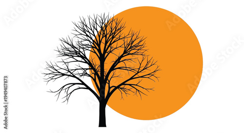 A stark black tree with intricate branches is dramatically set against a large warm orange circle silhouette high quality professional
