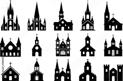 Christian church building silhouette set, cathedral and chapel architecture collection, religious temple landmarks isolated flat vector illustration
