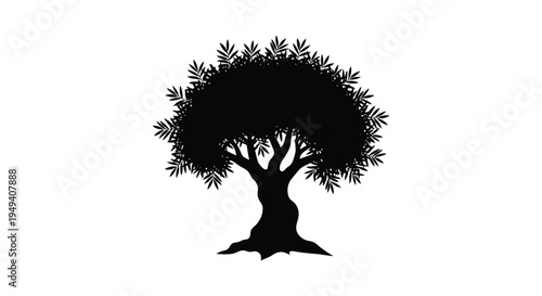 A striking black silhouette of a full rounded tree with detailed foliage against a stark white background silhouette high quality professional