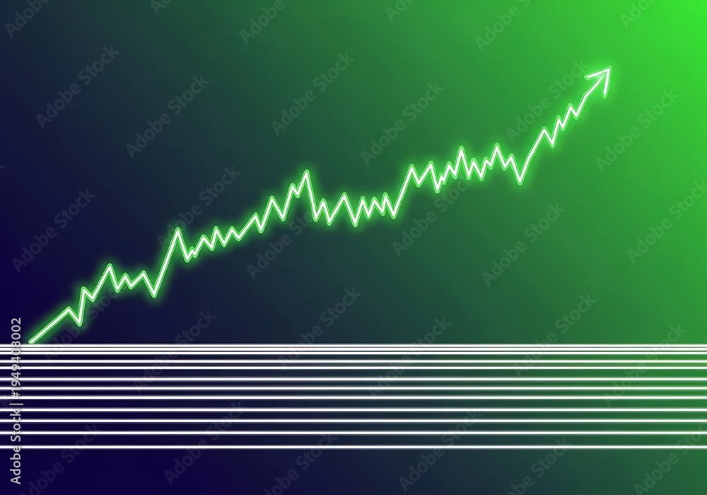 Fototapeta premium Glowing neon green upward trending financial graph on dark gradient background