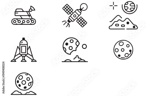 Space Exploration Icon Set with Rocket Satellite Moon Rover and Galaxy Elements