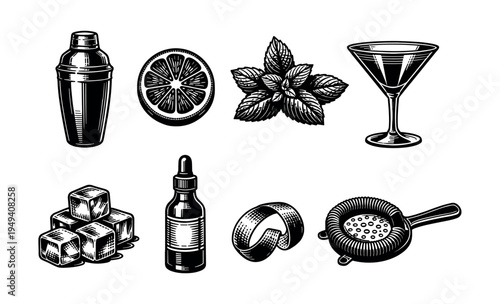 Vintage cocktail bar elements set including shaker, glass, citrus, mint, ice, and strainer in black and white vector illustration