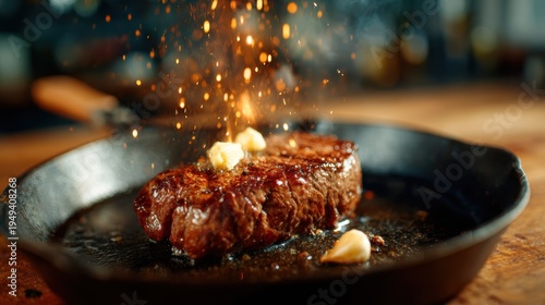 A perfectly cooked steak sizzles in a cast iron skillet with butter melting, creating an enticing aroma and visual delight that speaks to culinary passion and indulgence.