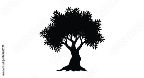 A stark black silhouette of a full rounded tree with dense foliage against a plain white background silhouette high quality professional