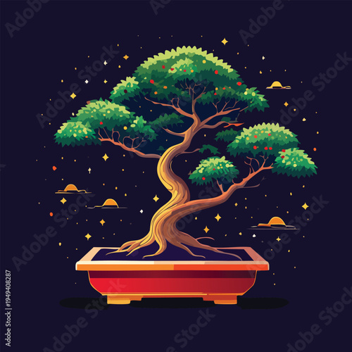 Bonsai tree illustration with vibrant green foliage and starry background