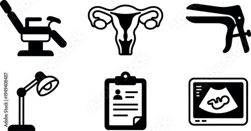 Medical vector icons set including gynecological chair, female reproductive system, speculum, desk lamp, patient clipboard, and ultrasound baby scan