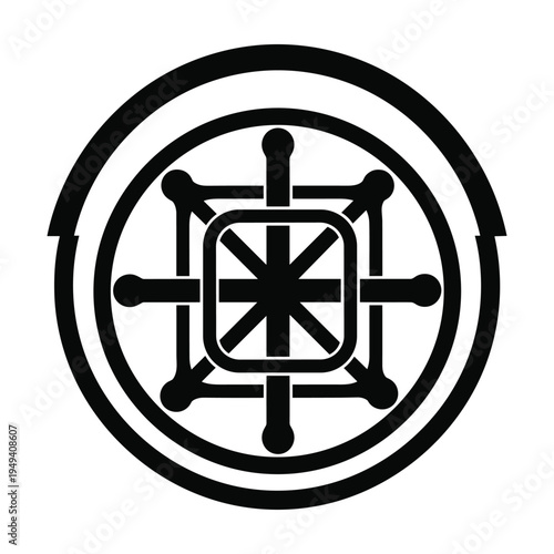 Buddhist Dharma Wheel Symbol, Dharmachakra, Black and White Icon