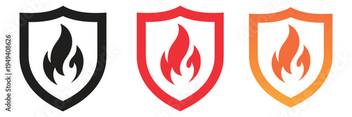 Fire Shield Icon Set with Flame Protection Symbols, Safety and Security Sign Collection for Fire Protection, Emergency Service, Insurance and Hazard Warning, Vector Illustration