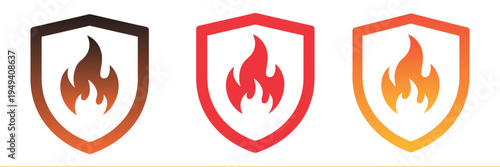 Fire Shield Icon Set with Flame Protection Symbols, Safety and Security Sign Collection for Fire Protection, Emergency Service, Insurance and Hazard Warning, Vector Illustration
