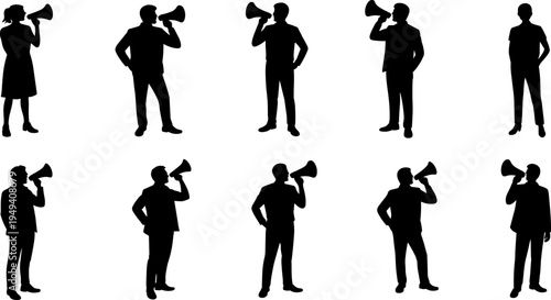 People speaking through megaphone silhouette set, announcement and protest communication poses collection, public speaker figures isolated flat vector illustration