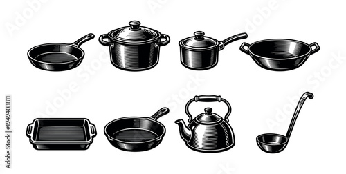 Black and white vector illustration of vintage kitchen cookware silhouette set
