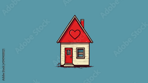 A charming illustration featuring a house with a red roof, heart, door and window, and chimney