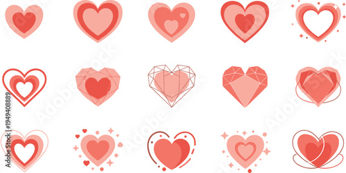 Set of red and pink heart shape icons, flat symbols of love, romance and valentine day elements, vector illustration isolated on white background