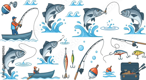 Fishing Activity and Equipment Set with Fisherman Boat Jumping Fish Rod Lures Floats and Tackle Box Vector Illustration Collection