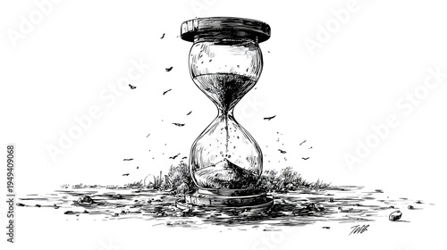 Intricate black and white illustration of an hourglass with sand falling, surrounded by landscape