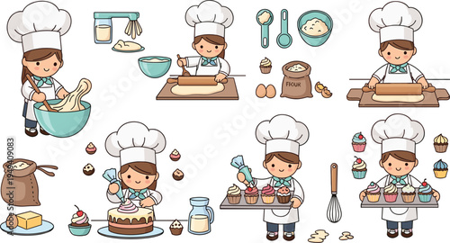 Cute Cartoon Girl Baker Character Set with Baking Process Making Cake Cupcakes Dough Mixing Ingredients Kitchen Vector Illustration Collection