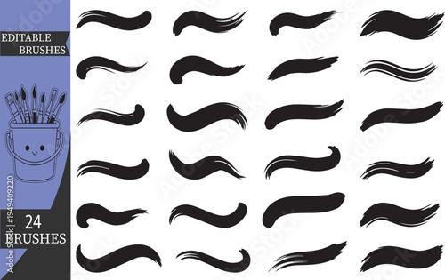 Set of 24 Editable Brushes Vector, Black Paint Stroke Collection, Hand Drawn Ink Swashes and Grunge Brush Strokes for Graphic Design, Artistic Calligraphy Elements on White Background