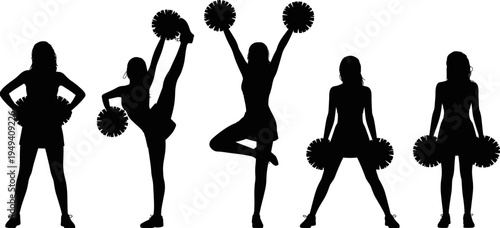 Cheerleader silhouette set with pom poms, energetic female cheerleading poses collection, sports team spirit isolated flat vector illustration