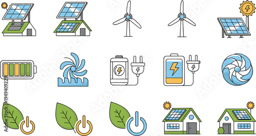 Set of renewable energy and green technology icons, flat line illustrations of solar panels, wind turbines, eco houses and sustainable power symbols isolated on white