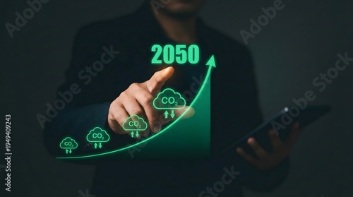 Business professional points at a rising co2 graph projected toward 2050 with a futuristic interface