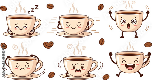 Cute Cartoon Coffee Cup Characters Set with Different Emotions Funny Kawaii Coffee Mug Mascots and Beans Vector Illustration Collection
