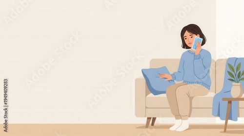 Woman sitting on sofa at home holding blue gel ice pack to forehead, suffering from migraine, headache, or fever, feeling sick and tired, resting in living room with closed eyes, pain relief concept.
