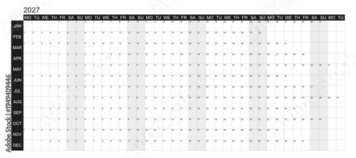 2027 Horizontal black and white big wall planner. Vector design.
